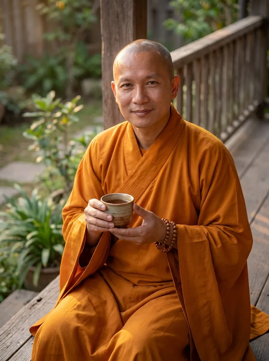 The Ageless Monk sitting with a cup of tea