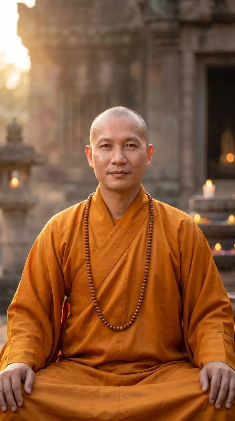 A calm monk seated in stillness while embers glow around him, from the Ageless Monk lesson on anger and detachment