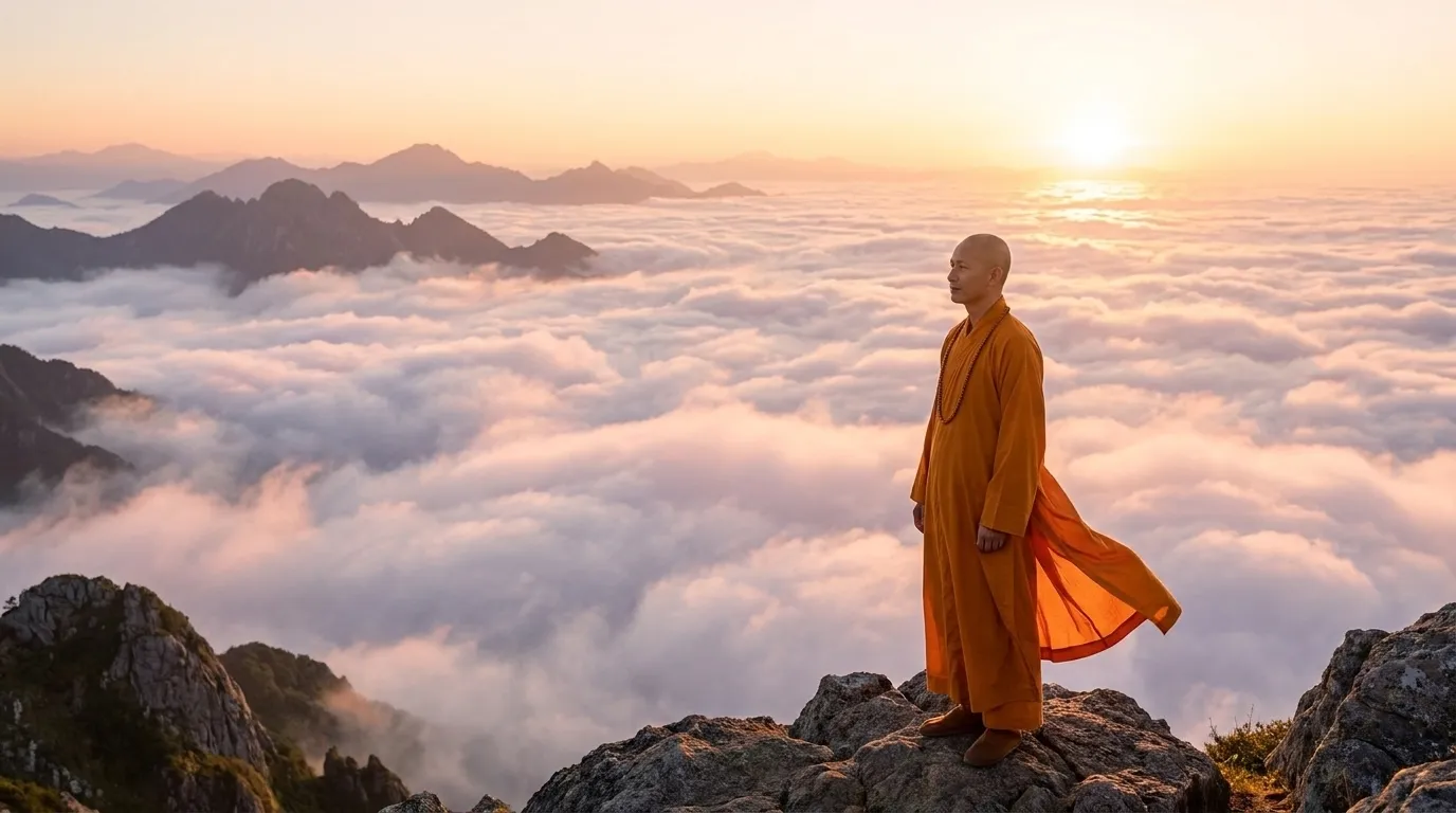A lone mountain peak rising above the mist at dawn, from the Ageless Monk lesson on comparison and blooming in your own season