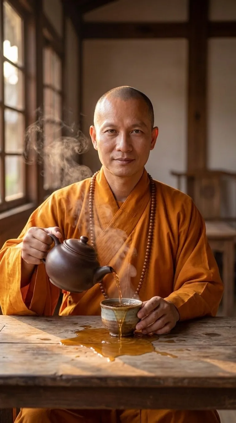 Tea overflowing from a full cup onto a wooden table, from the Ageless Monk parable about burnout and self-care
