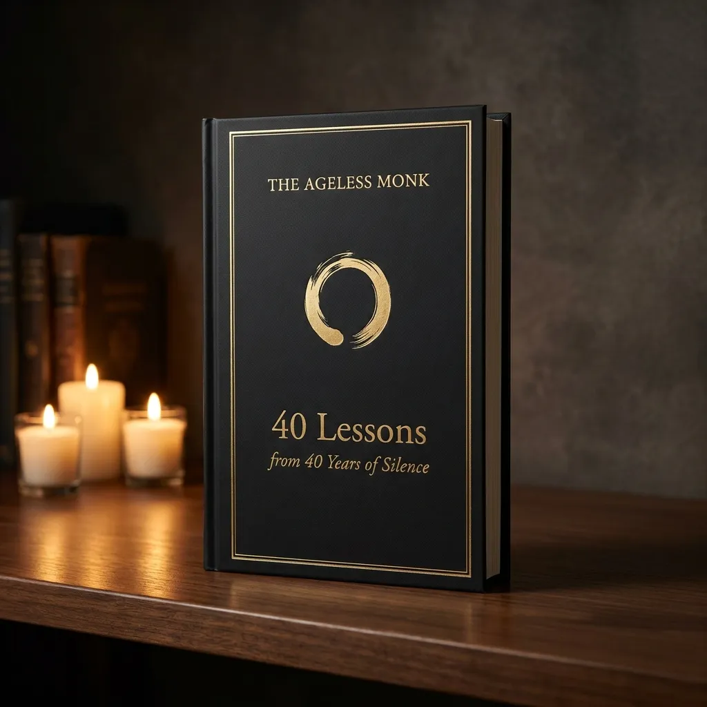 3D mockup of the Ageless Monk ebook '40 Lessons From 40 Years of Silence' with a dark gold cover