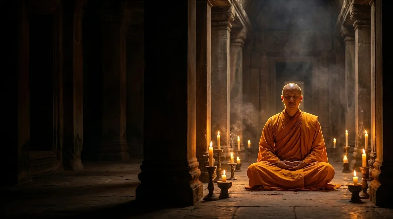 The Ageless Monk in a candle-lit temple, seated in stillness