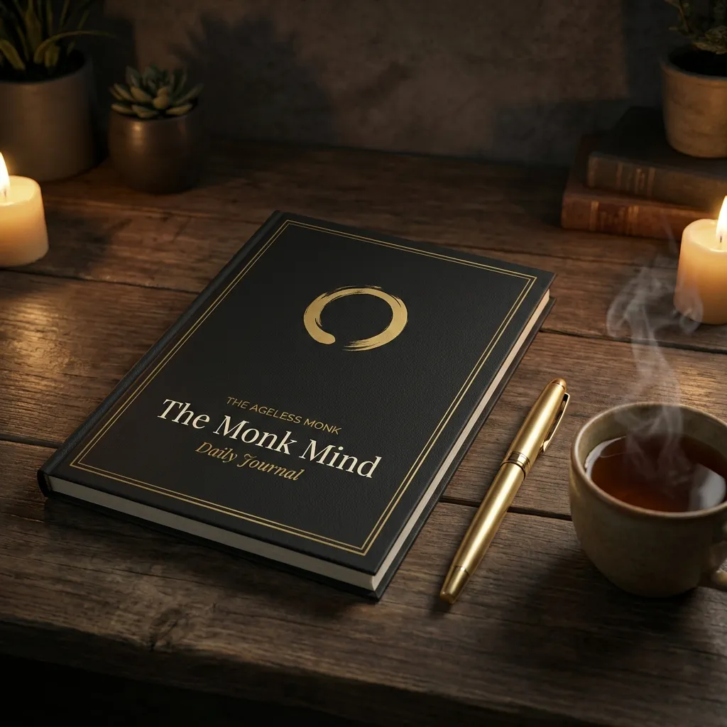 Mockup of The Monk Mind Daily Journal by the Ageless Monk, shown in its dark tablet edition